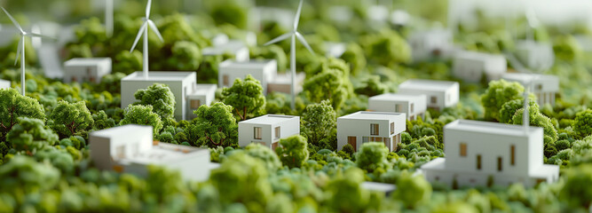 Wall Mural - Model of a small village with modern white houses and are wind turbines among the houses.Green power concept