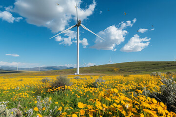 a beautiful green landscape of a countryside with flowers in the united states with a clear blue sky that has wind turbines.Green power concept