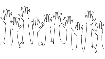 continuous single line drawing of a group of hands raised up. The concept of voting, elections