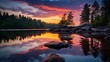 Serene mountain landscape with colorful sunset sky and lake reflecting vibrant evening colors