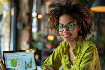 Poster - Focused young professional analyzing market statistics on laptop in a cafe