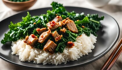 Wall Mural - Stir fried kale with crispy pork in oyster sauce and rice on white plate

