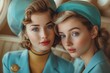 Artistic portrait of twin female flight attendants in blue uniforms and hats, exuding charm and beauty