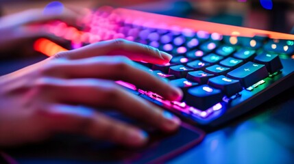 Close-up view of hands typing on a colorful backlit mechanical keyboard, showcasing technology and modernity