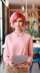 Poster - Portrait of a beautiful creative specialist, Designer, Young Woman with short pink hair, standing with a tablet in hands in a modern office. Advertiser, Sales Manager, Logo.