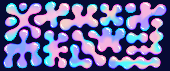 Poster - 3D holo colors abstract liquid shapes set. Inflated slime objects. Realistic vector elements collection.