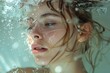 An abstract image capturing the essence of submersion with bubbles surrounding a blurred face, creating a serene aquatic environment