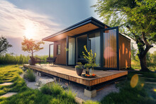 Modern Container House, A Small House Near The Park On A Sunny Day. Sustainable And Environmentally Friendly Holidays