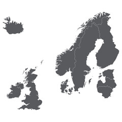 Poster - Northern Europe country Map. Map of Northern Europe in grey color.