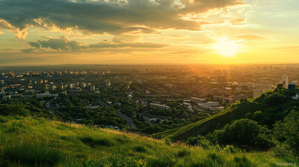 Wall Mural - Panorama view from a green hill on a city at sunset