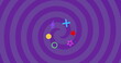 Image of colorful shapes over spiral on purple background