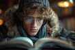 A young student with curly hair and glasses absorbed in a book during a cozy winter evening