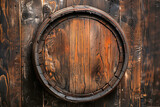 Fototapeta  - Top view of an old rustic wooden barrel, old wine cellar, bourbon whiskey distillery or beer brewery, rustic wood planks circle background