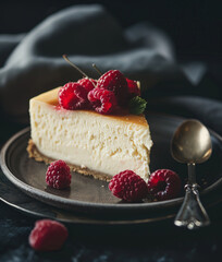 Wall Mural - Slice of cheesecake with raspberry on plate 