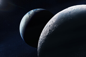 Wall Mural - moon surface view from outer space with earth planet. moonlight in dark deep space. elements of this