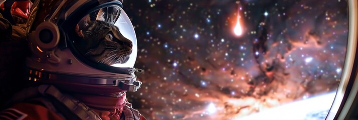 Wall Mural - an astronaut cat observing a solar flare from the safety of a spacecraft window with the vastness of