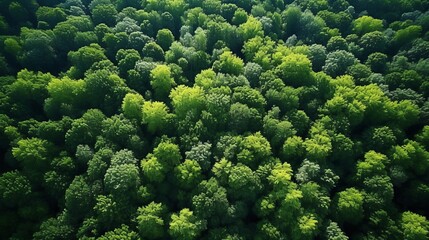 Wall Mural - Lush forest drone view capturing co2 for carbon neutrality and net zero emissions