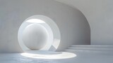 Fototapeta Perspektywa 3d - Minimalist White Space with Soft Light and Round Stone: A Study in Simplicity and Clarity