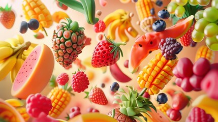 Poster - There are a variety of tropical fruits and mixed berries in this image, topped with syrup and juice. Watermelon, banana, pineapple, strawberry, orange, mango, blueberry, cherry, raspberry, papaya. A