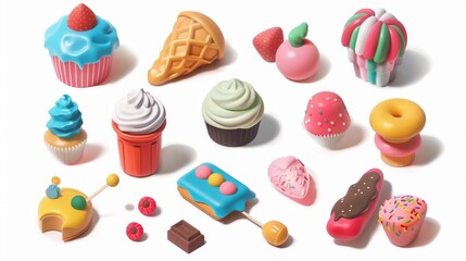 Canvas Print - Modern icon set of sweet food. Cupcake, cake, chocolate bar, ice cream, donuts, cotton candy.