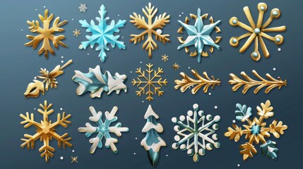 Aufkleber - 3d modern realistic icon set of ice and gold snowflakes for decorating Christmas trees.