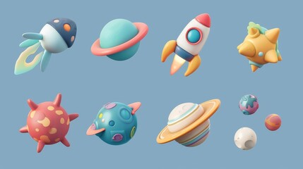 Poster - Icons set of space 3D moderns, including astronauts, planets, satellites, rockets, UFOs, and comets.