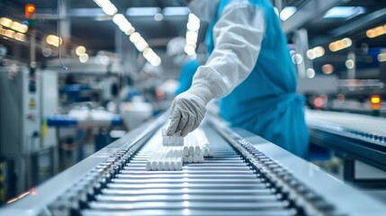 Poster - Quality control specialist inspecting pharmaceutical products in a factory