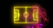 Image of purple and red digital wave over neon yellow soccer field layout on black background