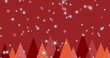 Multiple stars and snowflake icons falling against multiple christmas tree icons on red background