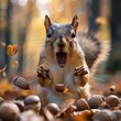 A squirrel is standing in a pile of acorns and leaves. It is making a loud noise and it is excited