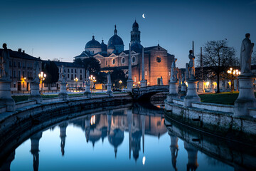 Morning in the most famous square in Padua. Square Prato della Valle and Basilica Santa Giustina in Padova, Italy. 