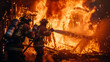 Firefighters are seen heroically combating a fierce blaze that engulfs a structure, powerful flames illuminating the tense nighttime emergency scene
