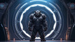 © LittleSeven - A bear bodyguard, in sleek armor, stands guard in front of a futuristic vault door, eyes vigilant