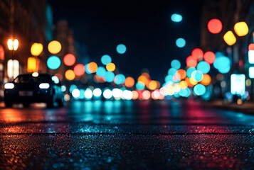 Wall Mural - Colorful background of night street with bokeh blurred light cars and street lamps. Abstract backdrop of defocused lights at city life. Concept of cityscape backgrounds for design. Copy text space