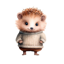 Watercolor Hand-painted Illustration Of A Baby Hedgehog In A Sweater. Isolated On A Transparent Background