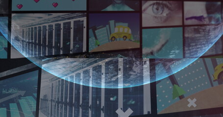 Poster - Image of globe and icons over multiple different images