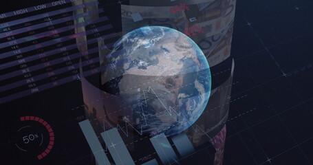 Poster - Image of globe rotating over graphs and data on screens
