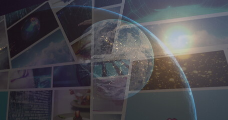 Poster - Image of globe rotating over data on screens and sun