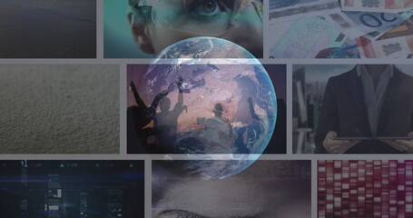 Poster - Image of globe rotating over data on screens