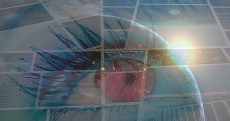 Poster - Image of globe rotating over data on screens, sun and eye of woman
