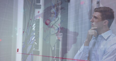 Poster - Image of data processing over caucasian male worker in server room