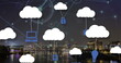 Image of clouds with icons over network of connections and cityscape