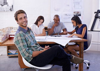 Poster - Happy man, creative and portrait with team for meeting, planning or architectural design at office. Employee or architect with smile, documents or paperwork in group project or startup at workplace