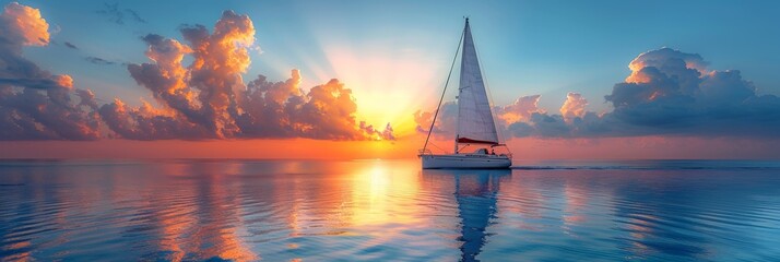 Wall Mural - A serene evening at sea, with a yacht gliding under a colorful sunset sky.