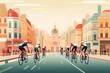 Cyclists traversing iconic Parisian streets during a cycling event at the 2024 Summer Olympics against a pastel background. The athletes in motion through the city.