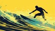 © Ellionn - Confident male surfer rides wave in tropics illustration art. Man surfs wave shot from water. Pro surfer catch ocean wave. Surfboard raiding. Surfing lifestyle. Extreme active sport. Yellow background