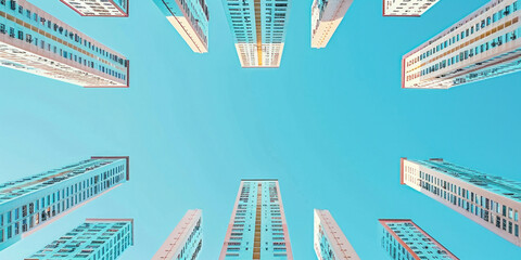 Wall Mural - Modern skyscrapers towering against a clear blue sky, creating a stunning urban landscape