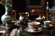 A traditional tea ceremony with delicate porcelain teacups and intricate tea sets
