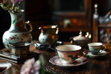 Fototapeta  - A traditional tea ceremony with delicate porcelain teacups and intricate tea sets