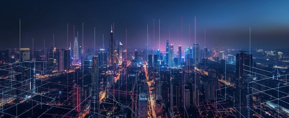 Wall Mural - abstract smart city. data points and network lines illuminate nighttime urban landscape, emphasizing